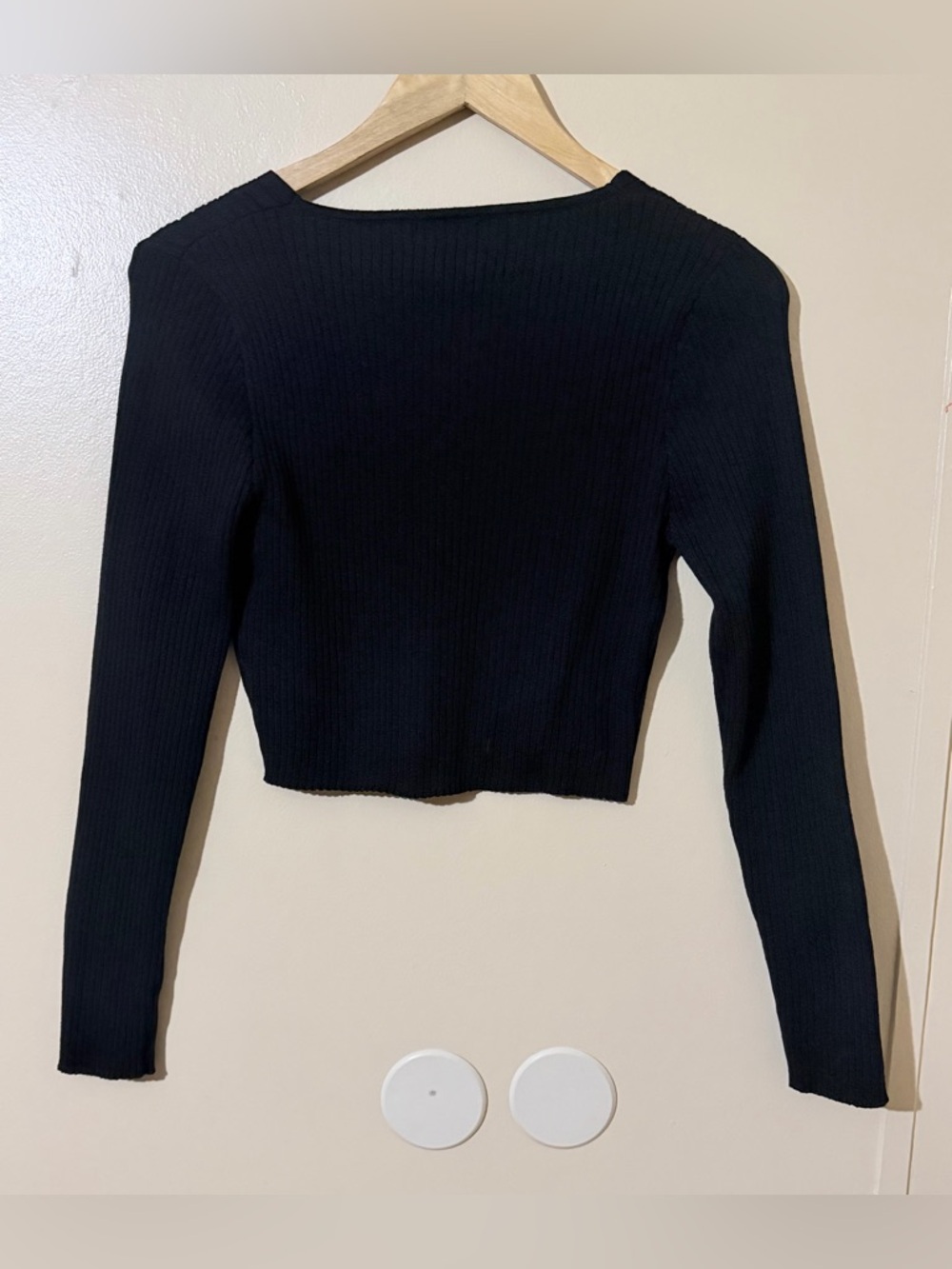 Say What? Black Ribbed V-Neck Button-Front Long Sleeve Crop Top - Picture 2 of 6